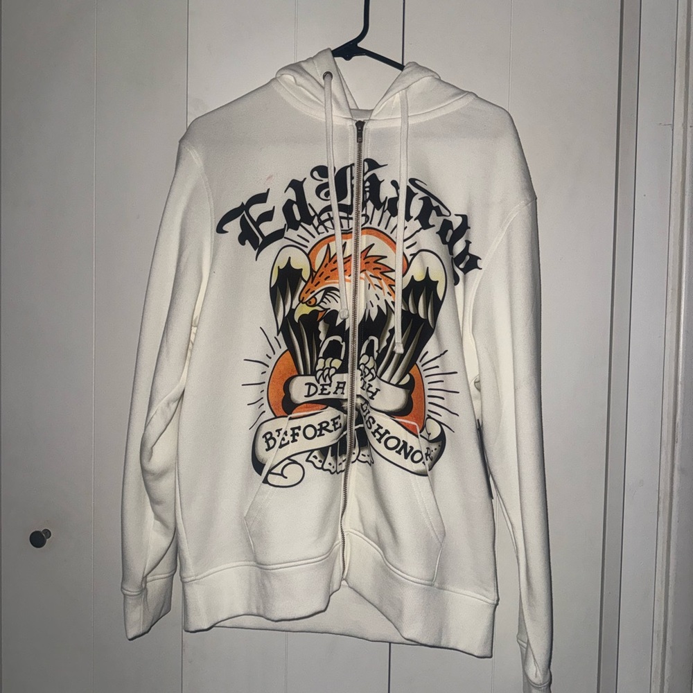 White Ed Hardy Graphic Zip-Up Hoodie Sweater with Eagle Design